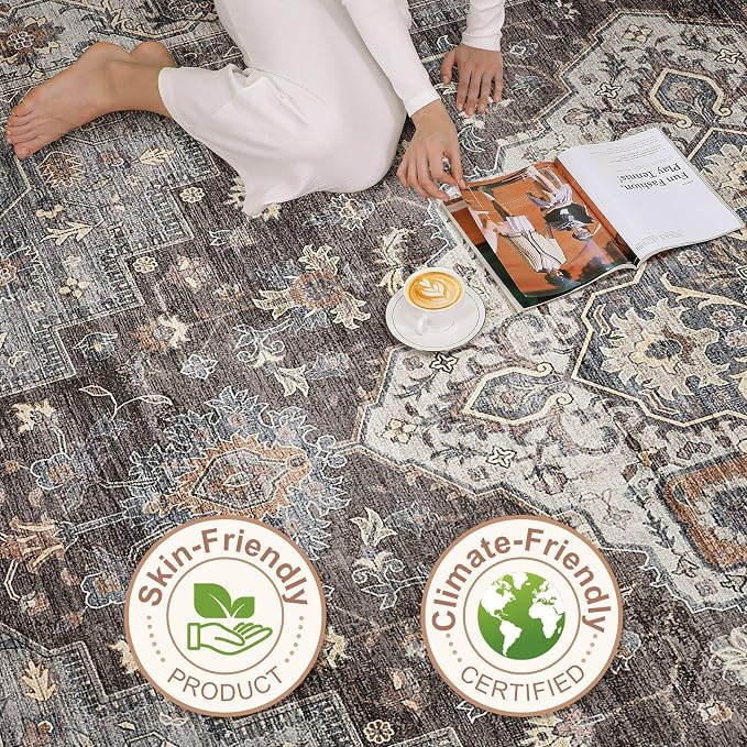 10x13 Area Rug Living Room: Washable Boho Large Neutral Vintage Soft Rug Stain Resistant Farmhouse Non-Slip Indoor Floor Carpet for Bedroom Nursery Kids Office Dining Room Playroom- Grey Brown