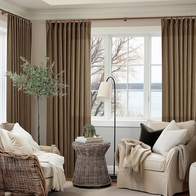 Dutch Cocoa Pinch Pleated Linen Curtains 90 Inches Long 60 Inch Width Linen Blend Light Filtering Window Curtains 90 Inch for Living Room Bedroom Patio Pinch Pleat Drapes Hooks Rings 1 Panel 60Wx90L