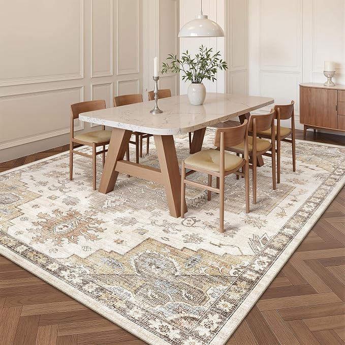 Washable Area Rugs for Living Room 9x12 Neutral Vintage Floral Farmhouse Boho Large Soft Floor Rug Indoor Non Slip Carpet for Bedroom Dining Room Brown