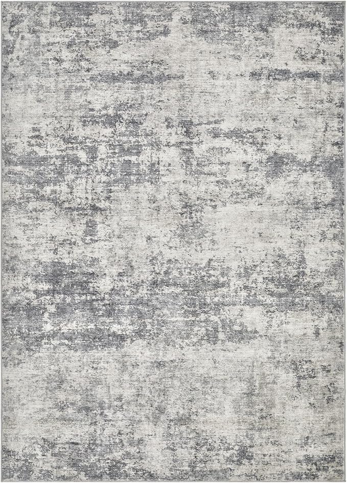 Abstract 10x12 Area Rug: Machine Washable Non Slip Ultra Thin Low-Pile Carpet, Soft Stain Resistant for Living Dining Room Bedroom, Kid Pet Friendly, Robot Vacuum Compatible - Grey Beige