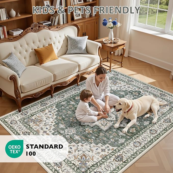 8x10 Area Rugs for Living Room: Washable Rug Soft Vintage Boho Medallion Carpet Indoor Non-Slip Stain Resistant Large Carpets for Bedroom Dining Room Farmhouse Nursery Home Office Green Ivory