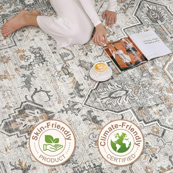 6x8 Area Rugs Living Room: Washable Boho Large Neutral Vintage Soft Rug Stain Resistant Distressed Farmhouse Non-Slip Indoor Floor Carpet for Bedroom Nursery Kids Office Dining Room- Taupe