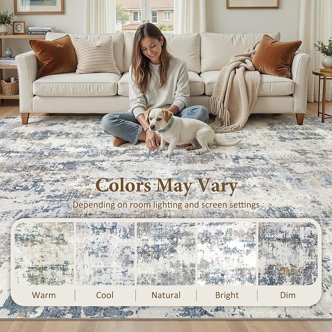 10x12 Area Rug Living Room Rugs: Washable Large Soft Abstract Modern Neutral Rug Stain Resistant & Non-Slip Low-Pile Carpet for Bedroom Dining Nursery Home Office Room Decor - Grey Blue