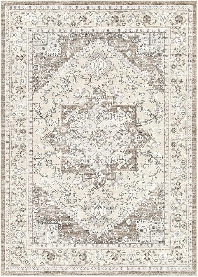 5x8 Vintage Area Rug: Washable Neutral Soft Non Slip Thin Large Floor Carpet for Living Room Bedroom Kitchen Dining Room Home Office Farmhouse Indoor - Brown
