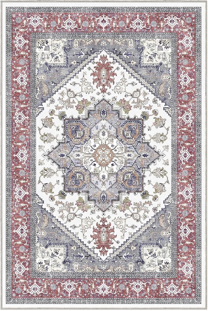 OPPODREAM Soft Throw Rugs 2x3, Small Washable Entryway Rugs 2 x 3 with Non Slip Backing, Low-Pile Faux Cashmere 2 x 3 Carpet, Red & Grey