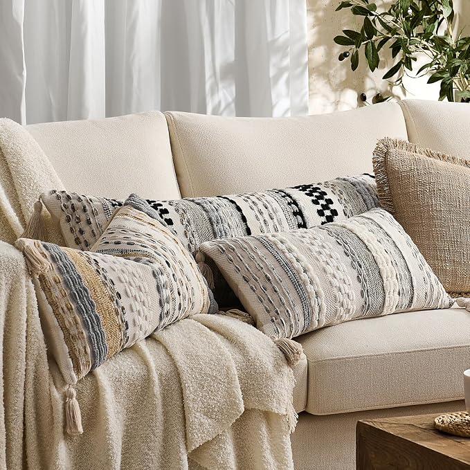 Kevin Textile Spring 12x20 Inch Lumbar Throw Pillow Cover 1 Pack Boho Decorative Soft Chenille Thread Woven Tufted Textured Rectangle Cushion Case Accent for Living Room Couch Sofa Bed, Beige