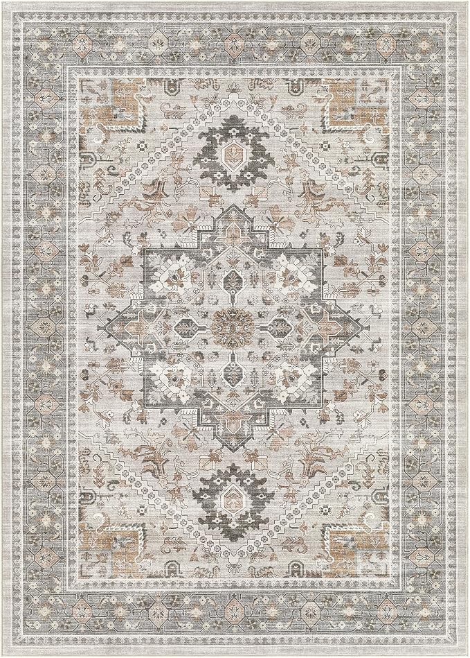 5x7 Vintage Area Rug: Washable Neutral Soft Non Slip Thin Large Floor Carpet for Living Room Bedroom Kitchen Dining Room Home Office Farmhouse Indoor - Taupe