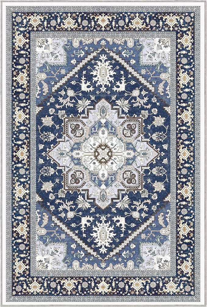 OPPODREAM Soft Area Rugs 5x7, 5x7 Washable Rug with Non Slip Backing, 5 x 7 Faux Cashmere Low-Pile Carpet, Navy Blue & Gold