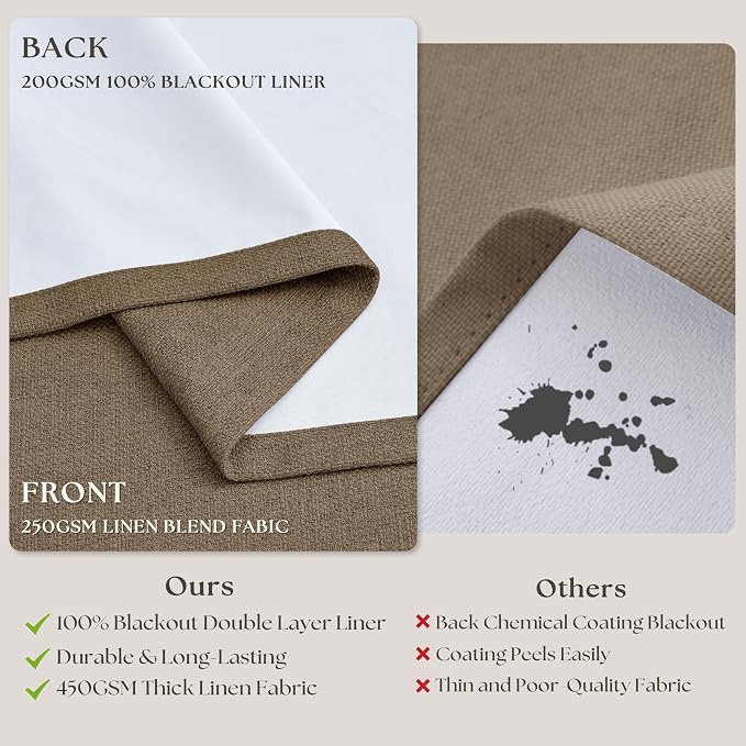 Latte Burlap Room Darkening Curtains 120 Inches Long for Bedroom Extra Long Rustic Boho Pinch Pleated Blackout Linen Drapes 40x120 Inch Length 2 Panels Set Sliding Door Curtain Decor with Liner