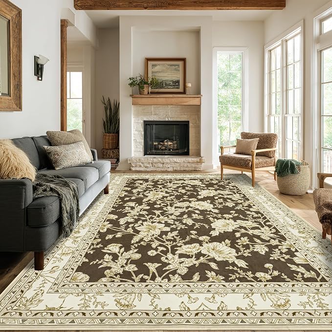 Browm Boho Living Room Rug 5x8, Washable Low Pile Non Slip Area Rugs for Bedroom, Dining Room, Office, Farmhouse Retro Carpet Indoor Gream Beige Tan Pattern Aesthetic Sketch Style Vintag Room Decor