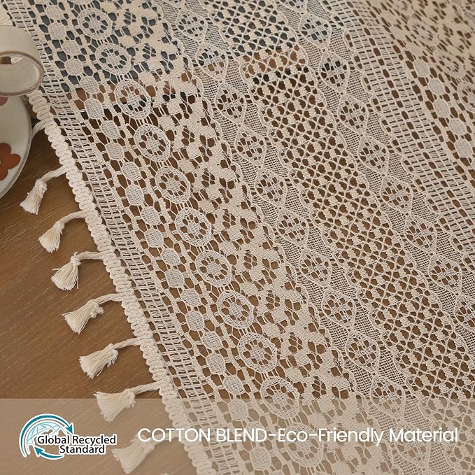 WAZZIO Boho Lace Curtains 63 Inches 2 Panel,Light Filtering Privacy Tassel & Geometry Crochet Semi Sheer Curtain Drapes for Bedroom Living Dining Room,Rod Pocket & Tassel,Vintage French Country,Beige