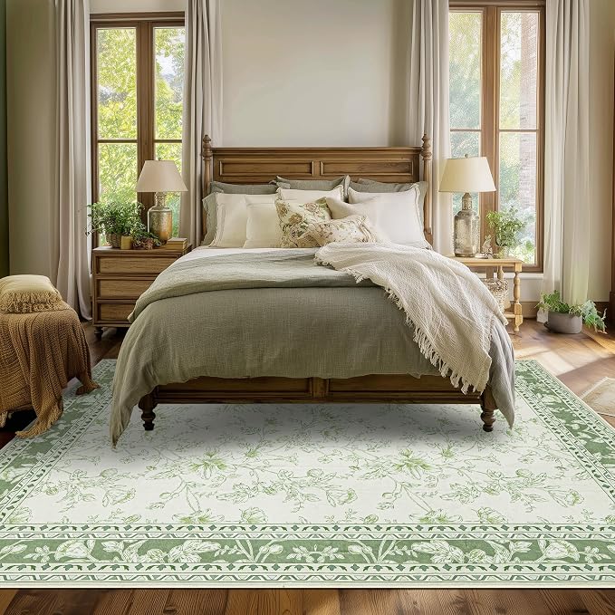 Sage Green Area Rugs 10x12 for Living Room Boho Washable Extra Large Floral Floor Covering, Cream Beige Green Rugs Bedroom Dining Room, Non Slip Farmhouse Floor Carpet for Kids Playroom Nursery