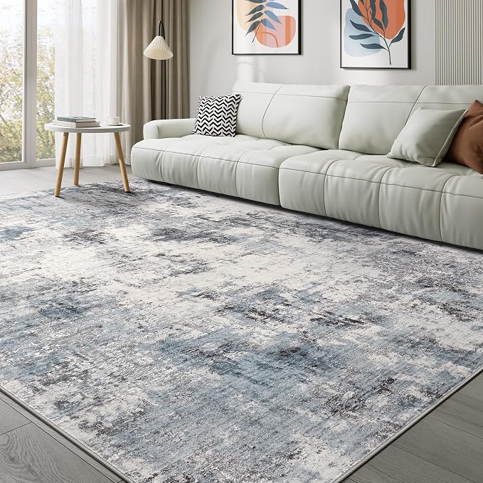 Abstract 12x14 Area Rug: Machine Washable Non Slip Ultra Thin Low-Pile Carpet, Soft Stain Resistant for Living Room Bedroom Office, Kid Pet Friendly, Robot Vacuum Compatible - Grey Blue