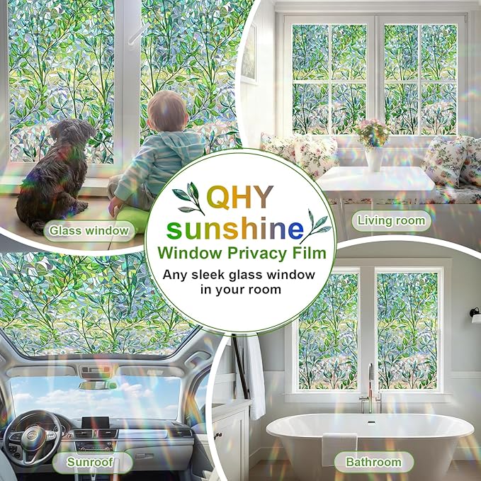 Window Privacy Film Stain Glass Window Film Rainbow Window Film Window clings Non-Adhesive Reusable Decorative for Room (Leaf Rainbow, 17.5 X 78.7 in)
