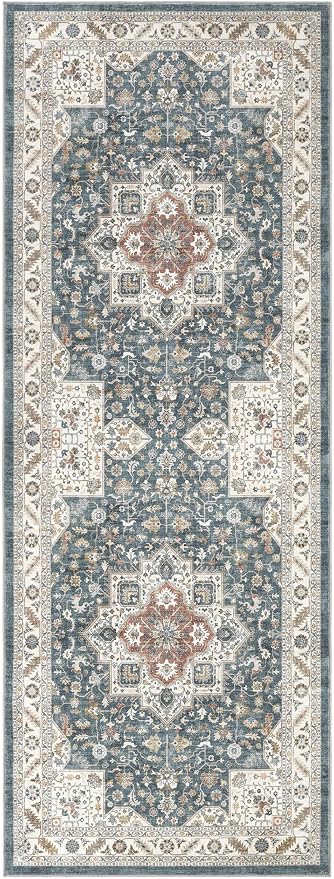 Vintage Hallway Runner Rug 3x8: Large Soft Washable Entryway for Kitchen Laundry Room Non-Slip Backing Runner for Entrance Living Room Bedroom Bathroom - Vintage Blue
