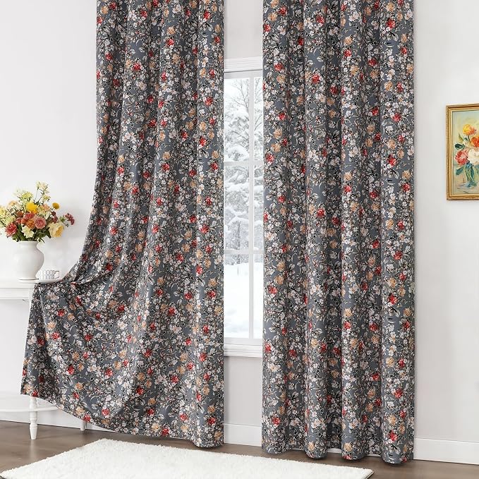 Estelar Textiler Grey Velvet Blackout Curtains 102 Inch Length for Living Room, Floral Printed Thermal Insulated Grommet Luxury Drapes for Bedroom Elegant Interior Decoration, Gray, 52Wx102L, 2 Panels