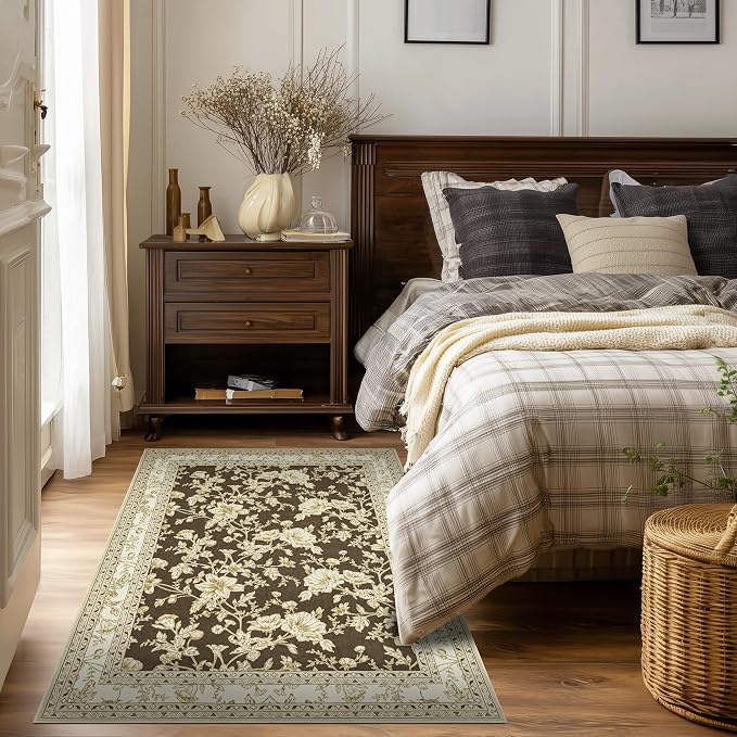 Floral Boho Rug 4x6 Washable Non Slip Area Rug Bohemian Carpet Door Mat Brown Beige Floral Distressed Modern Farmhouse Sketch Style Flower for Bedroom Foldable 4x6 for Entryway Living Room