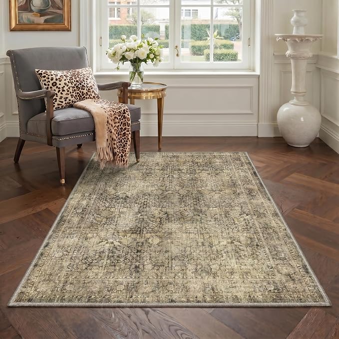 Bavni 2.6x8 Rug Runners for Hallways, Washable Runner Rug Non Slip,Vintage Floral Print Style Rugs for Bedroom-Lightweight Low Pile Carpet for Hallways Bathroom, Multi Brown