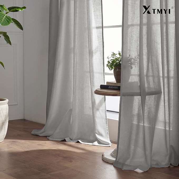 XTMYI Gray Curtains 96 Inches Long,Sheer Linen Back Tab Hooks Pleat Light Weight Modern Stylish Curtains for Living Room 96 Inch Length 2 Panel Set,Grey