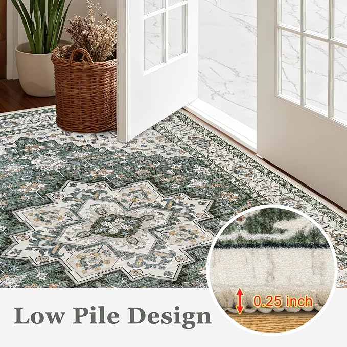 Round Area Rug for Living Room: 4 ft Washable Vintage Boho Soft Thin Circle Rug Indoor Floor No Slip Stain Resistant Carpet for Bedroom Dining Room Farmhouse Nursery Home Office - Green Ivory
