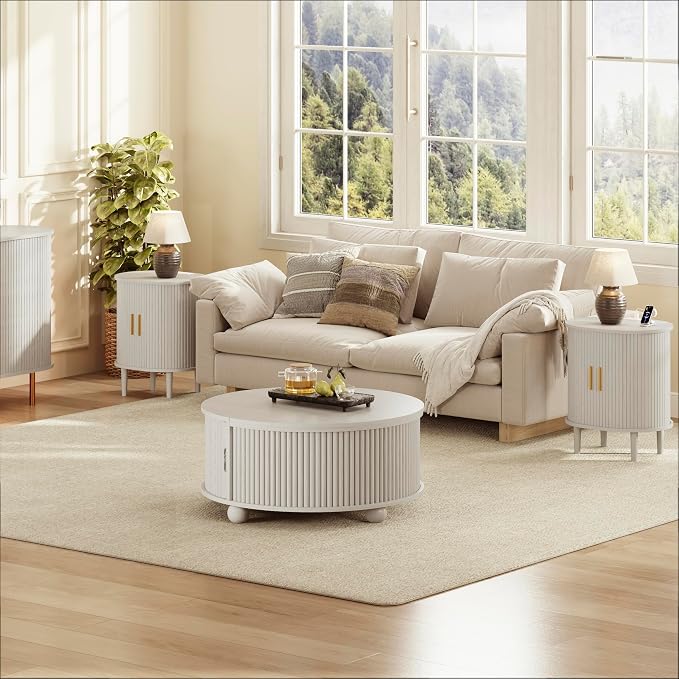 DHH Mid Century Modern Nightstand Set of 2 with Charging Station, Fluted Accent Side Table with Sliding Door & Adjustable Shelf, End Table for Small Space, Living Room, Bedroom,Sofa Couch, White