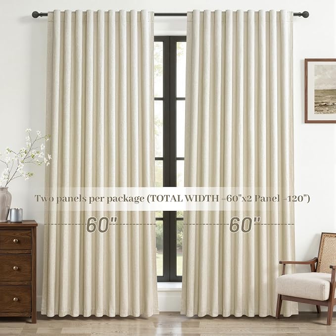 Cute Blackout Curtains 60 Inches Extra Wide Linen 84 Inch Length for Living Room/Sliding Glass Door,Pleated Heavy Duty Thermal Drapes for Winter Thick Large Window(60"Wx84"L 2 Panels Warm Cream)