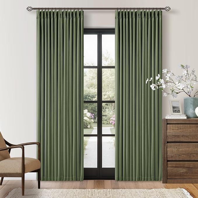 80 Inch Olive Green Linen Blackout Curtains for Living Room 100% Black Out Pinch Pleat Hooks for Living Room Back Tab Thick Linen Textured Pleated Drapes Light Blocking Loden Bedroom Window Curtains