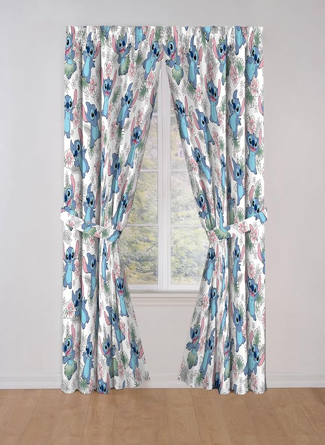 Jay Franco Window Curtains for Kids Bedroom 4-Piece Drape Set with 2 Tiebacks, Multi - Lilo & Stitch, 42" W x 84" L (Pack of 2)