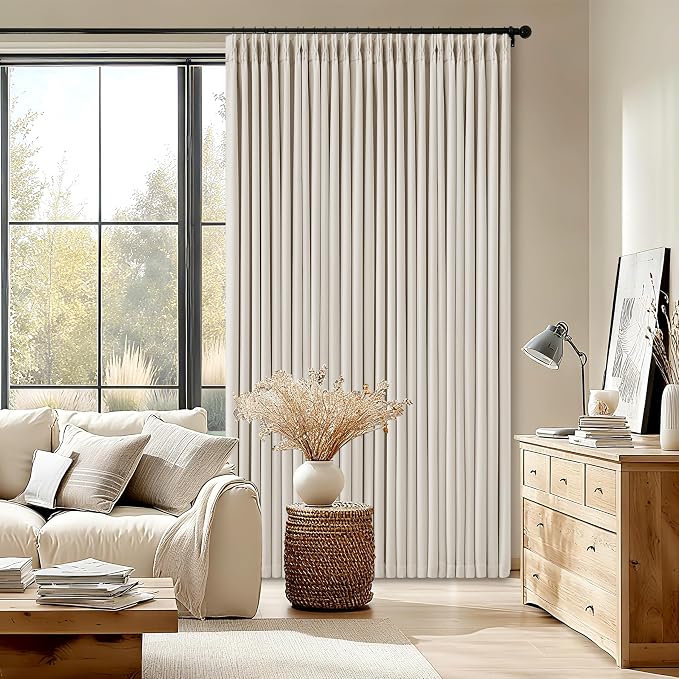 100% Blackout Linen 126 Inch Curtains 2 Panel Set for Bedroom Modern Pinch Pleated Natural Linen Beige White Insulated Heavy Curtain 40 x 126 Inches Length Sliding Glass Door Room Darkening Drapes