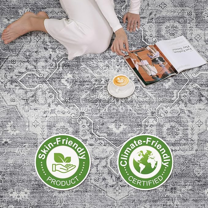 8x10 Area Rugs Living Room: Washable Boho Large Neutral Vintage Soft Rug Stain Resistant Farmhouse Non-Slip Indoor Floor Carpet for Bedroom Nursery Kids Playroom Office Dining Room- Gray
