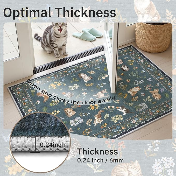 Soalmost Cat 9x12 Area Rugs for Living Room, Machine Washable Animal Floral Vintage Rug Non-Slip Low Pile Soft Throw Large Rugs for Classroom Bedroom Dining Room Nursery Playroom (9 x 12,Navy Blue)