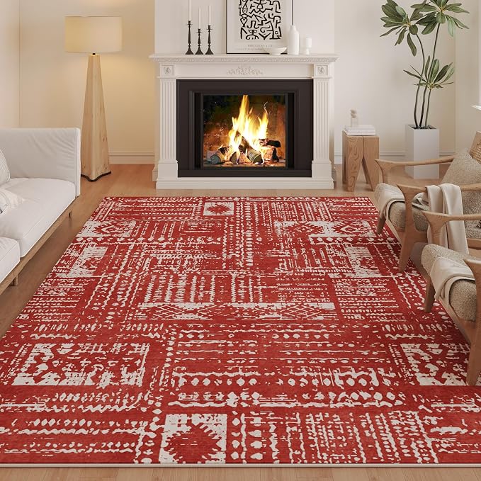 Rugcomf Living Room Rug 6x9 Rug Machine Washable Boho Area Rug Non Slip Moroccan Vintage Low Pile Large Rug for Living Room, Bedroom, Farmhouse, Dining Room, Kids Playroom(Terracotta)