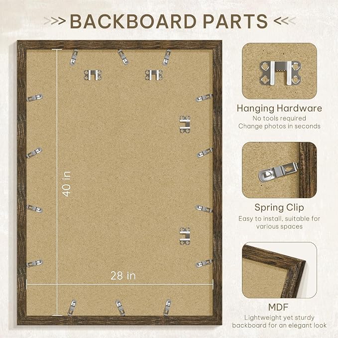 Picrit 28x40 Picture Frame 3 Pack, Wooden Brown Rustic Poster Frame, Display Poster 24 x 36 with Mat or 28 x 40 without Mat for Horizontal or Vertical Wall Mounting