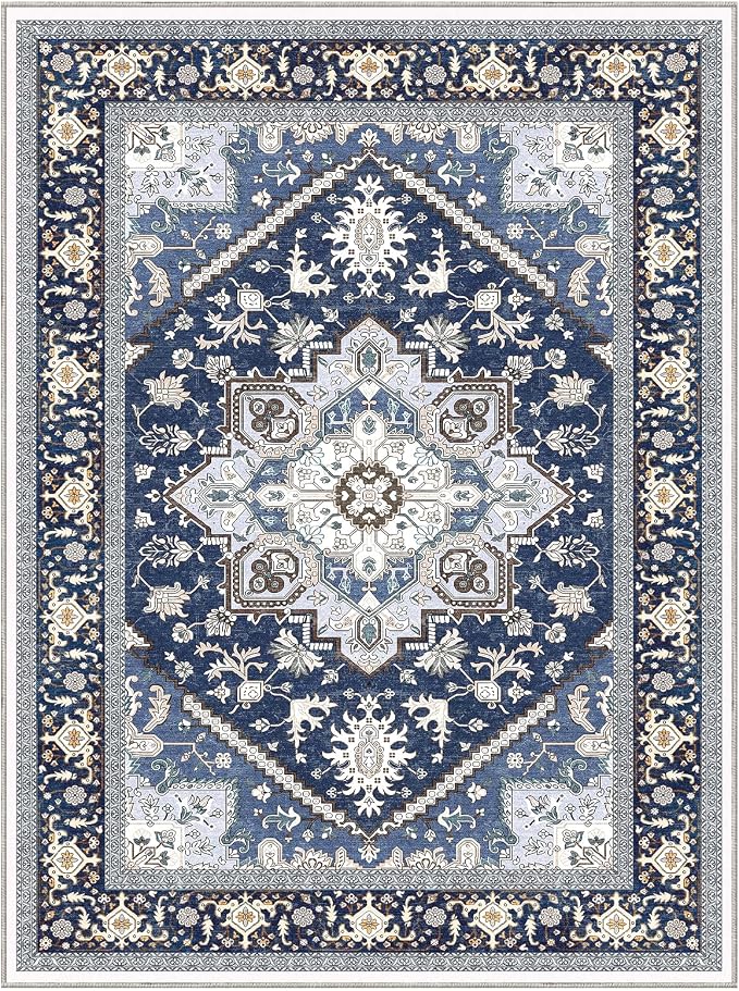OPPODREAM Soft Area Rugs 9x12 Living Room, Washable Rugs 9x12 with Non Slip Backing, Faux Cashmere Low-Pile 9 x 12 Carpet, Navy Blue & Gold