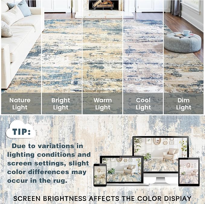 Area Rugs 8x10 Living Room: Large Soft Washable Rug Modern Abstract Anti-Skid Non-Shedding Carpet Indoor Floor Thin Carpets for Bedroom Dining Room Farmhouse Nursery Home Office Brown Blue