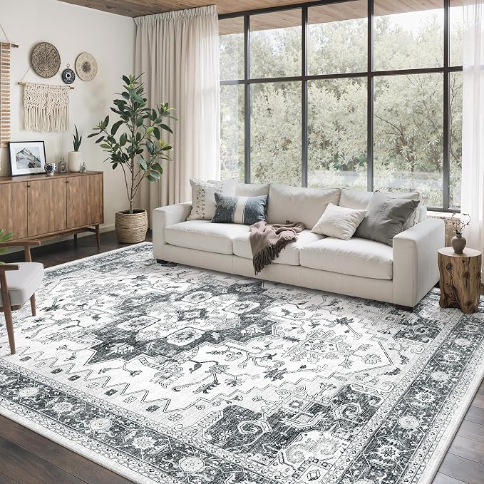 befbee Washable Area Rug 8x10, Area Rugs Stain Resistant Neutral Washable Rugs for Living Rooms Bedroom Vintage Non-Slip Thin Large Size Area Rug(Grey)