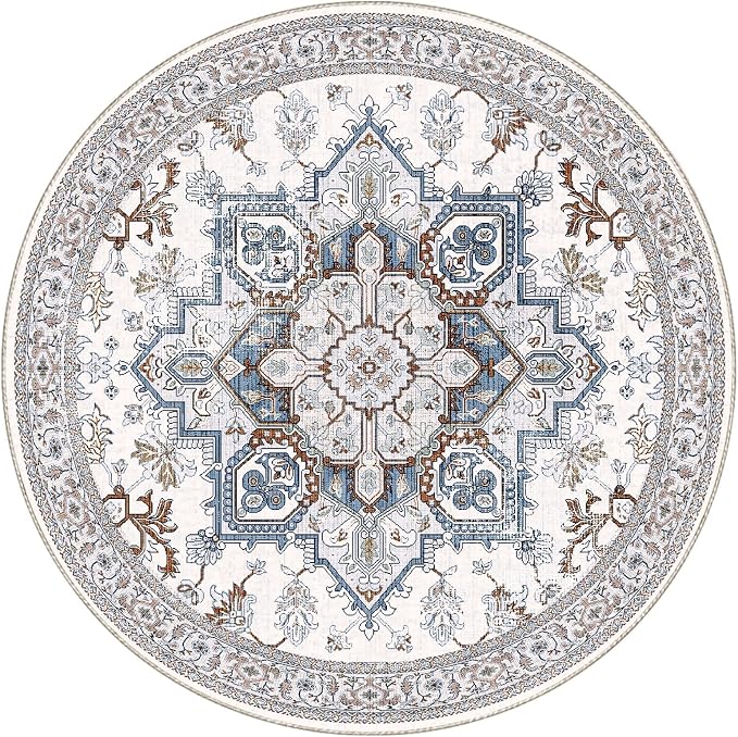 OPPODREAM Soft Round Rug 4ft, Neutral Washable Circle Rug 4ft with Non Slip Backing Play Room, Low-Pile Carpet 4 ft, Small Faux Cashmere Throw Carpet, Cream White & Blue & Light Brown