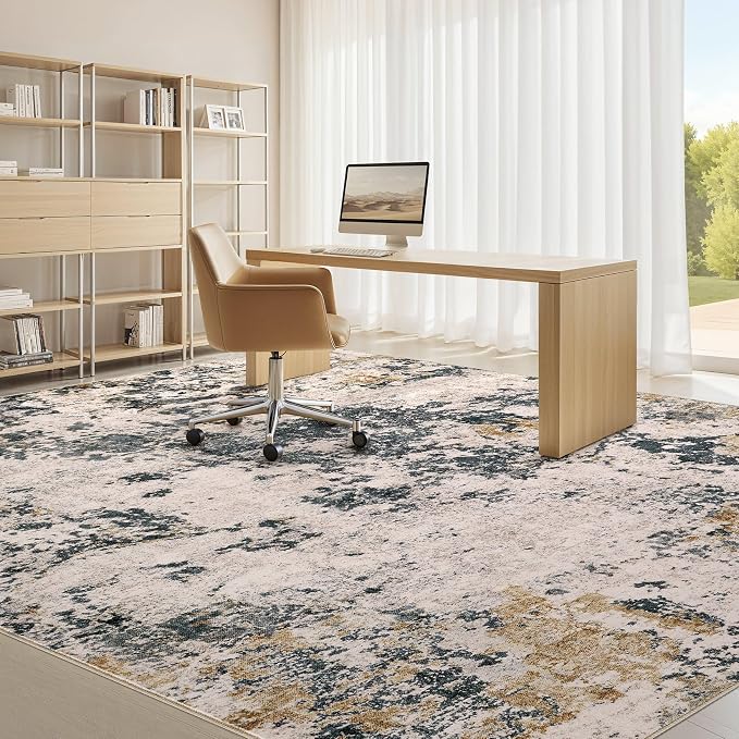 Area Rugs for Living Room: 12x15 Abstract Washable Rug Modern Neutral Large Soft Stain Resistant Non-Slip Backing Machine Table for Bedroom Dining Room Indoor Home Office Carpet - Grey Gold