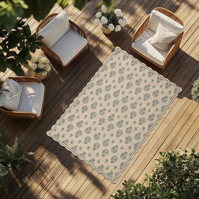 ORTIGIA Scalloped Easy Jute 5x7 Area Rug Vintage Green Floral Accent Farmhouse Washable Rug Non-Slip Indoor Outdoor Carpet for Living Room Bedroom Patio Entryway