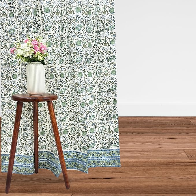 ATOSII 100% Cotton Single Panel Floral Block Print Curtain, Easy Hanging with Rod Pocket & Loop, Living Room, Dining Room, Bedroom Light Filtering Boho Curtains, Set of 1, 60" W X 84" L, Clover Blue