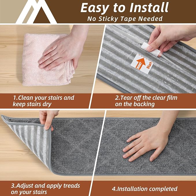 COSY HOMEER Stair Treads for Wooden Steps 9"x28" Washable Indoor Carpet Stair Treads Non Slip Soft Polyester Stair Carpet Tread Reusable Stair Runner Rugs for Kids, Elders,Pets,Medium Grey,10pcs