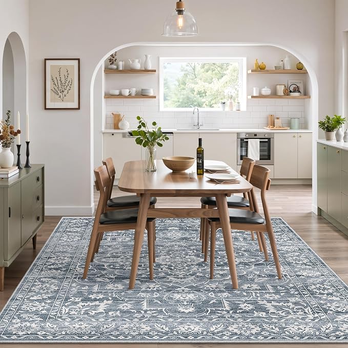 Soalmost 5x7 Area Rugs for Living Room, Washable Bedroom Soft Rug Blue | Vintage Floral Non-Slip Low Pile Throw Large Neutral Carpet for Dining Room Kitchen Home Office Nursery 5'x7'
