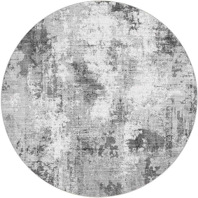 Abstract 10FT Round Rug: Machine Washable Non Slip Ultra Thin Low-Pile Carpet, Soft Stain Resistant for Living Dining Room Bedroom, Kid Pet Friendly, Robot Vacuum Compatible - Grey