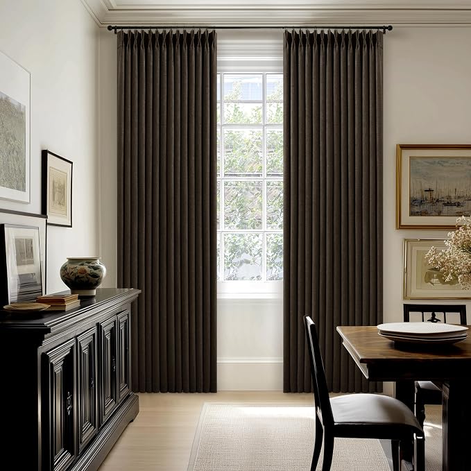 100% Blackout Linen 102 Inch Curtains 2 Panel Set for Bedroom Pinch Pleated Dark Brown Chocolate Linen Insulated Heavy Curtain 40 x 102 Inches Length Sliding Glass Door Room Darkening Drapes
