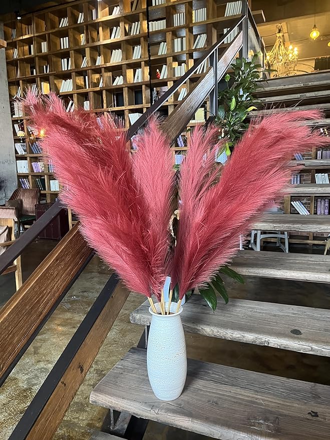 Premium Faux Ruby Red Pampas Grass – 43.3" Tall Fluffy Vibrant Decor, 8pcs 18-Branch One-Piece Stems No Assembly, Luxury Silk-Feel Feather Flowers for Bold Boho Decor, Jewel Tone Red 8 Stems110cm