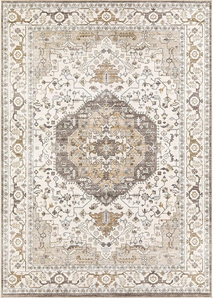 Area Rug for Living Room - 6x9 Soft Washable Oriental Vintage Floral Distressed Large Carpet - Fade Stain Resistant Non Slip Rugs for Bedroom Dining Room Nursery Dorm Office Home Decor-Camel/Beige