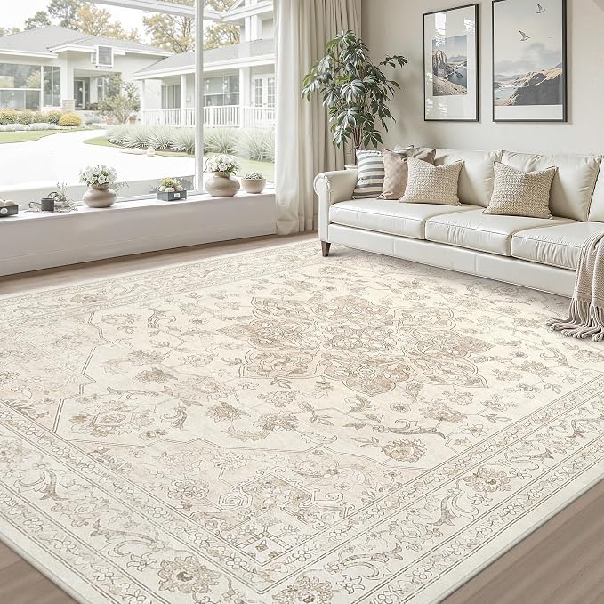 Area Rugs 9x12 Living Room: Vintage Boho Neutral Washable Rug Indoor Soft Large Area Rug Carpet for Bedroom Nursery Farmhouse Dining Room Office Floor Non-Slip Low Pile Under Table Rug Beige White