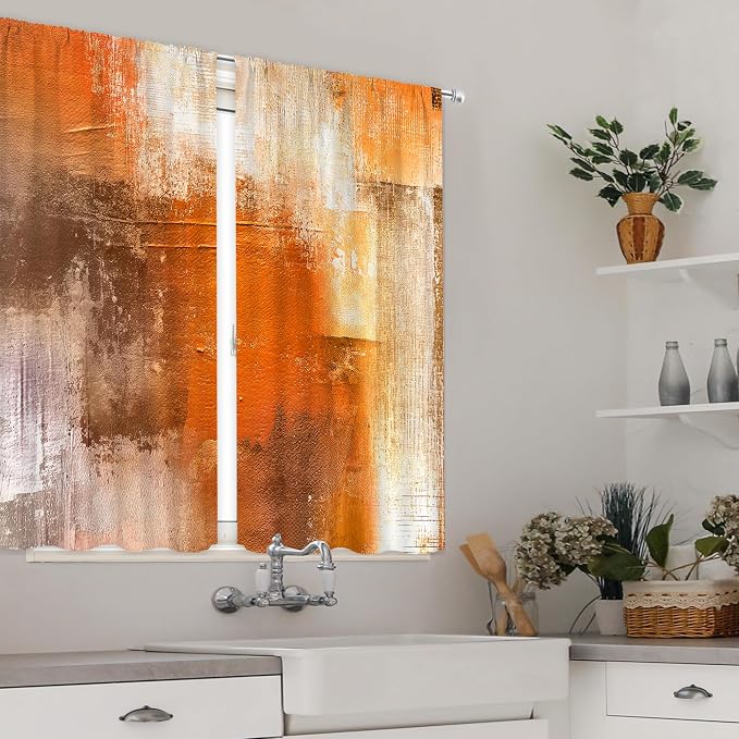 MESHELLY Abstract Burnt Orange Kitchen Curtains,Gray Rust Brown Kitchen Curtains,27.5Wx39H Inch Rod Pocket Watercolor Grey Oil Painting Decor Cool Modern Small Short Window Drapes Treatment 2 Panels