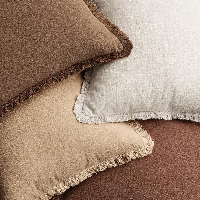 MIULEE Decorative Couch Pillow Covers Neutral Linen Fringe Throw Pillows Set of 4 Accent Rustic Cushions Boho Farmhouse Pillowcases for Bed Sofa Living Room Spring Home Decor 24x24 Inch Beige/Brown