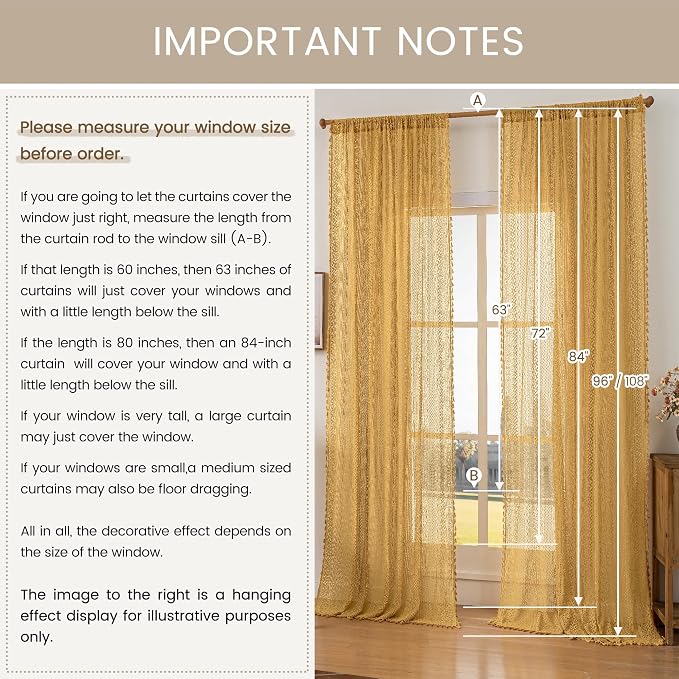 WAZZIO Boho Lace Curtains 63 Inches 2 Panel,Light Filtering Privacy Tassel & Geometry Crochet Semi Sheer Curtain Drapes for Bedroom Living Dining Room,Rod Pocket & Tassel,Mustard Yellow